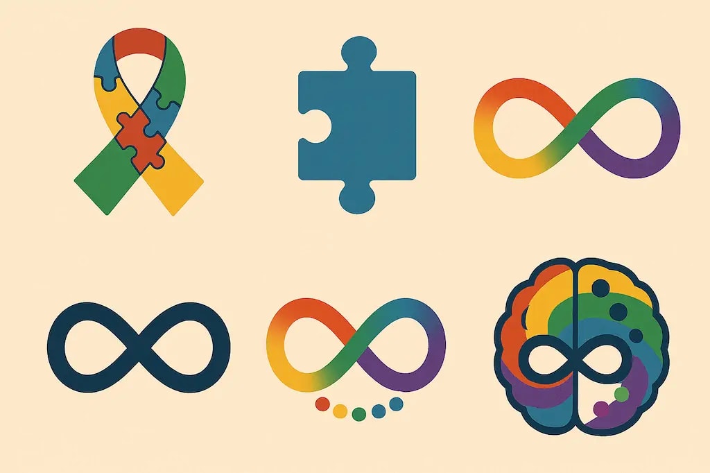 Evolution of autism symbols from traditional puzzle pieces to modern neurodiversity representations. Evolution of autism symbols from traditional puzzle pieces to modern neurodiversity representations.