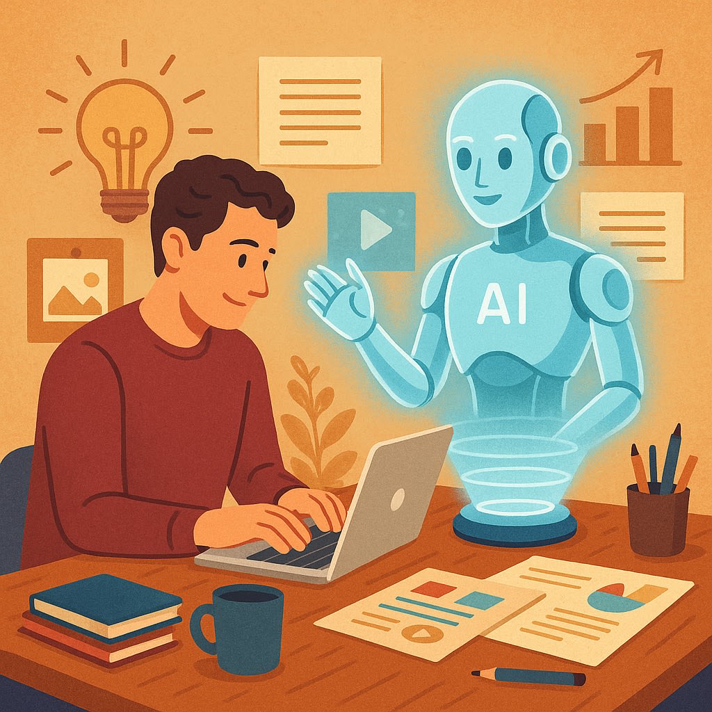Human-AI collaboration in modern content creation workspace. Human-AI collaboration in modern content creation workspace.