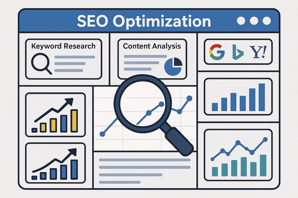 AI-powered SEO content optimization and keyword research process. AI-powered SEO content optimization and keyword research process.