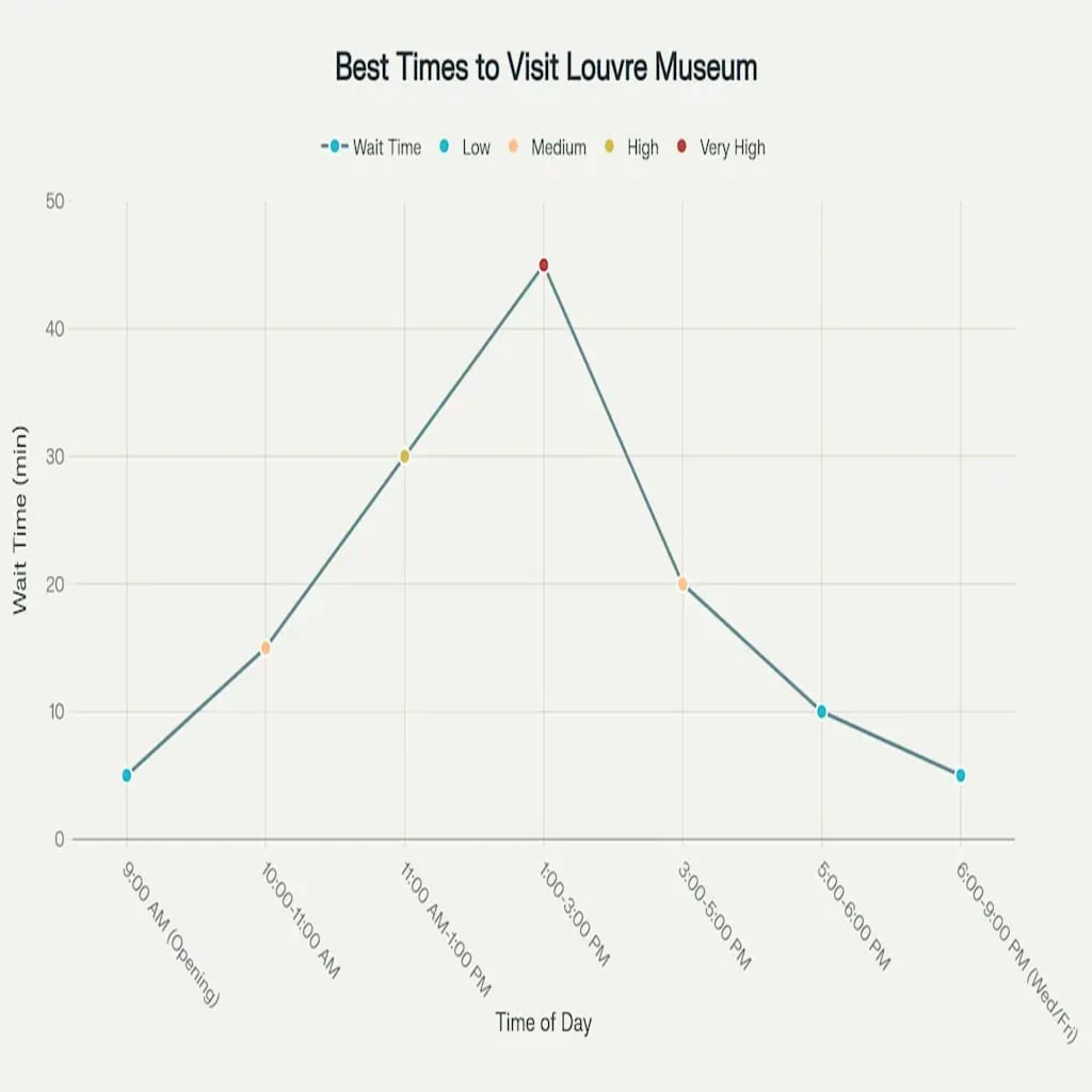 Optimal visiting times for the Louvre Museum showing crowd levels and wait times throughout the day. Optimal visiting times for the Louvre Museum showing crowd levels and wait times throughout the day.