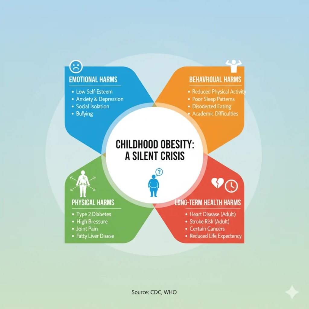 Infographic illustrating the emotional, behavioural, physical, and long-term health harms caused by childhood obesity. Infographic illustrating the emotional, behavioural, physical, and long-term health harms caused by childhood obesity.