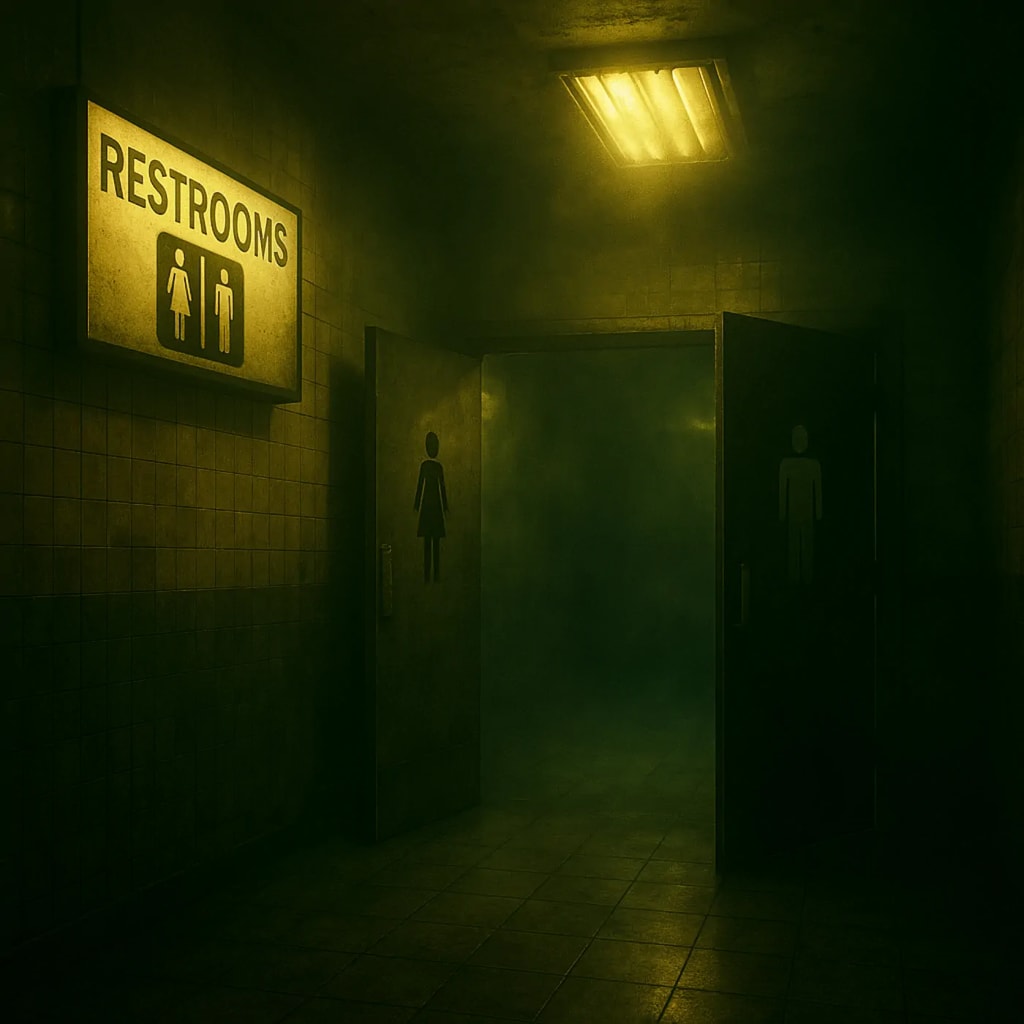 Shopping mall bathroom portal, the phenomenological horror location. Shopping mall bathroom portal, the phenomenological horror location.