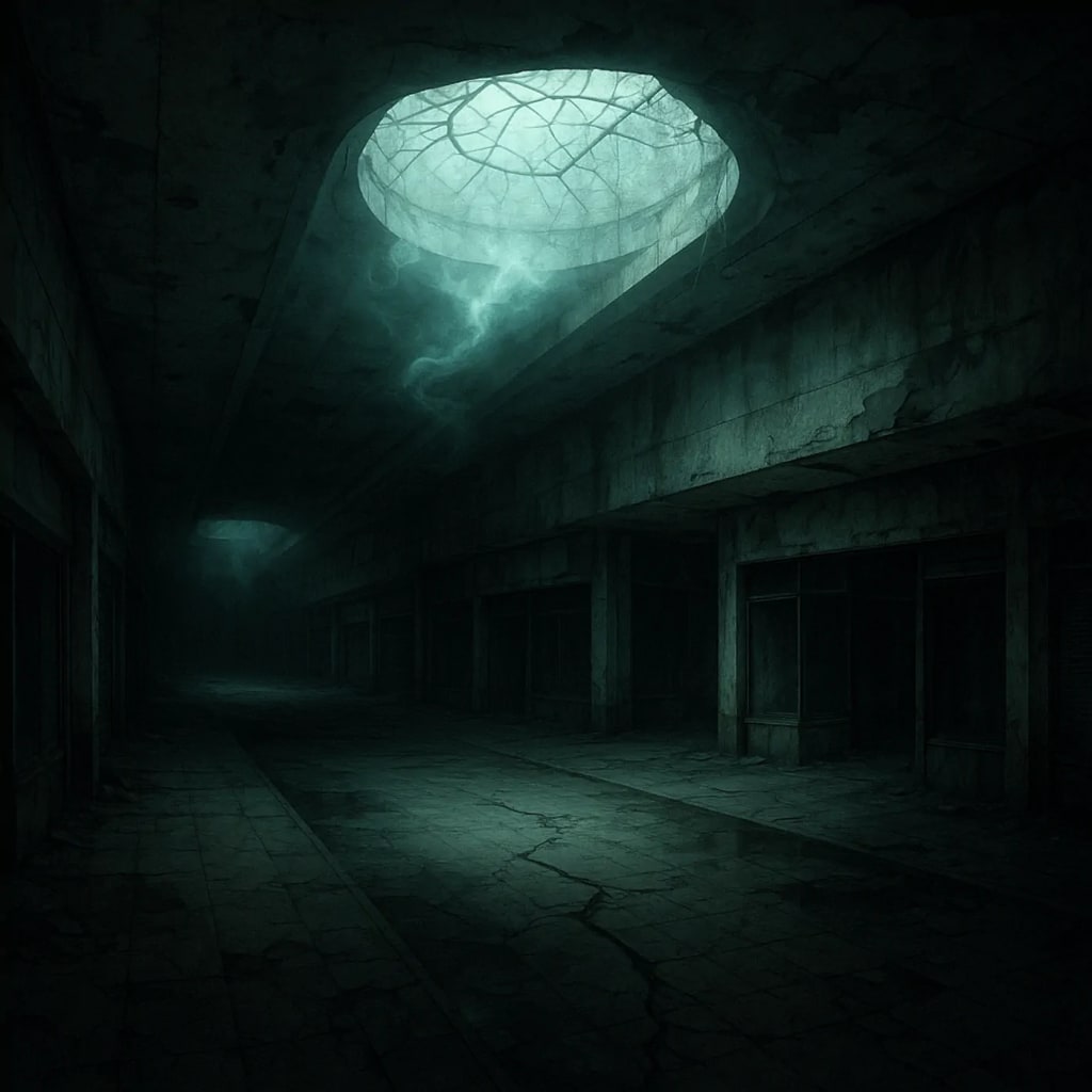 An eerie, dimly lit abandoned shopping mall corridor with a surreal skylight reflection, evoking the unsettling ambiance typical of the Setealém myth. An eerie, dimly lit abandoned shopping mall corridor with a surreal skylight reflection, evoking the unsettling ambiance typical of the Setealém myth.