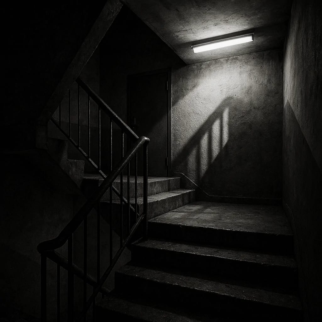 Dimly lit staircase exemplifying liminal space with eerie atmosphere common in urban myths like the Setealém myth. Dimly lit staircase exemplifying liminal space with eerie atmosphere common in urban myths like the Setealém myth.