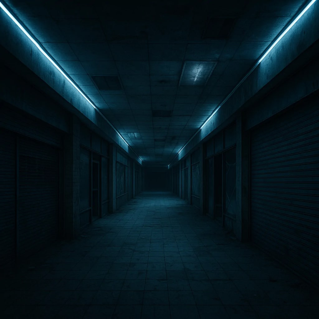 An abandoned shopping mall bathed in unsettling blue neon light, evoking the eerie mood of urban legends like Setealém. An abandoned shopping mall bathed in unsettling blue neon light, evoking the eerie mood of urban legends like Setealém.