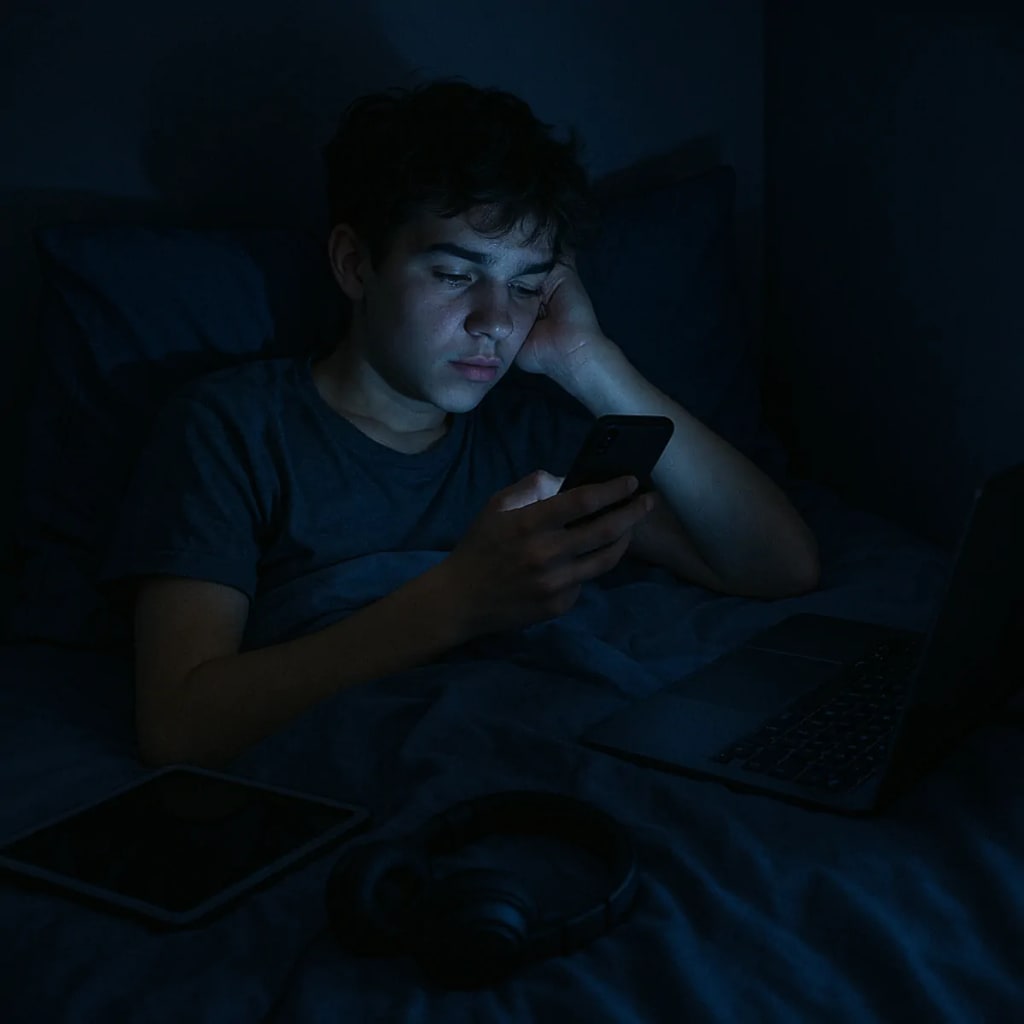 Modern teenagers facing sleep disruption from technology and screen time. Modern teenagers facing sleep disruption from technology and screen time.