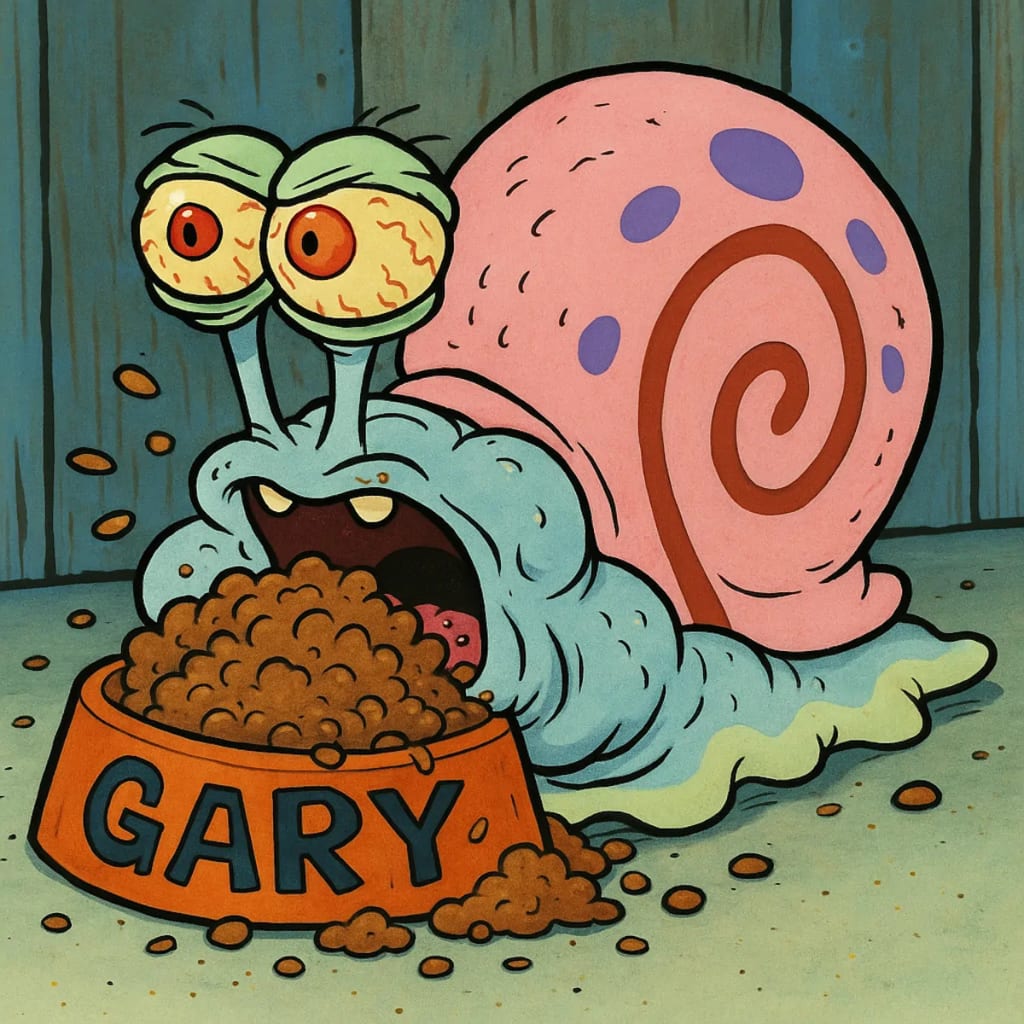 Gary the Snail representing gluttony with food obsession. Gary the Snail representing gluttony with food obsession.