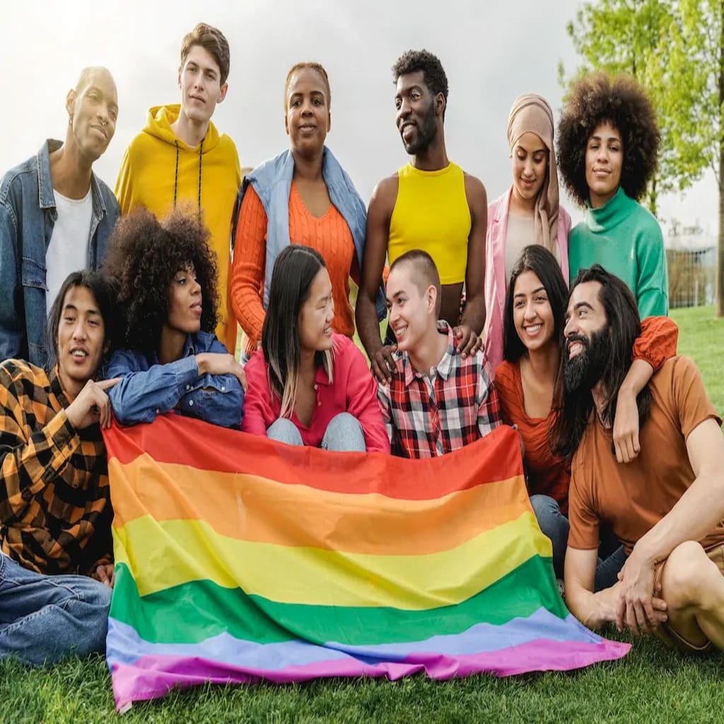 Happy diverse friends holding LGBTQ+ rainbow flag having fun together outdoors, symbolizing the full spectrum of gender expression within LGBTQ+ communities. Happy diverse friends holding LGBTQ+ rainbow flag having fun together outdoors, symbolizing the full spectrum of gender expression within LGBTQ+ communities.