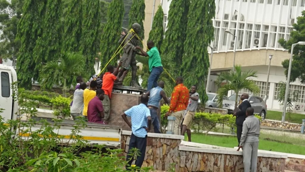 A statue of Mahatma Gandhi, the famed Indian independence leader, has been removed from a university campus in Ghana's capital, Accra. Photo by Emmanuel Dzivenu. A statue of Mahatma Gandhi, the famed Indian independence leader, has been removed from a university campus in Ghana's capital, Accra. Photo by Emmanuel Dzivenu.