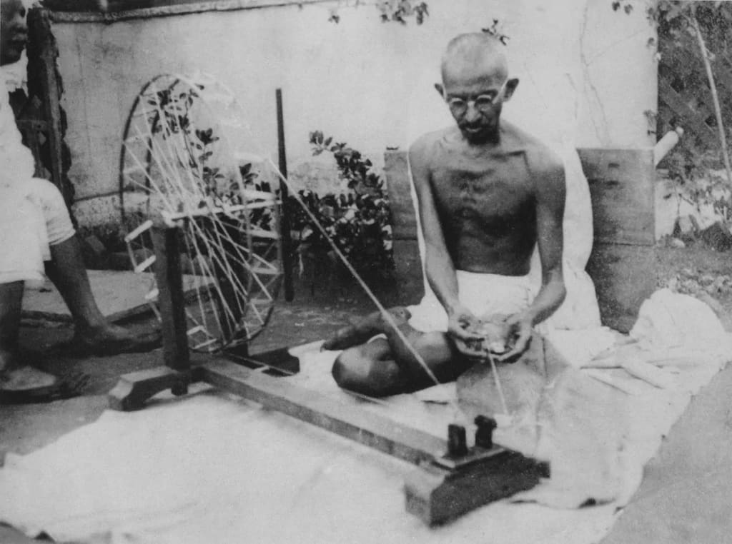 Mahatma Gandhi as part of the independence movement. He encouraged people to wear clothes made of homespun yarn termed as "khadi" to popularise and promote khadi. Public domain. Mahatma Gandhi as part of the independence movement. He encouraged people to wear clothes made of homespun yarn termed as "khadi" to popularise and promote khadi. Public domain.
