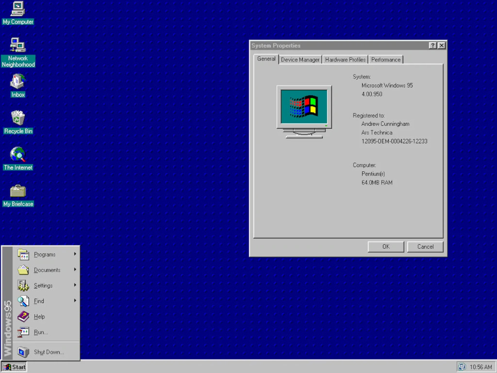 Windows 95 desktop showcasing the Start Menu, classic icons, and System Properties window illustrating the era's GUI innovation. Photo by Andrew Cunningham. Windows 95 desktop showcasing the Start Menu, classic icons, and System Properties window illustrating the era's GUI innovation. Photo by Andrew Cunningham.
