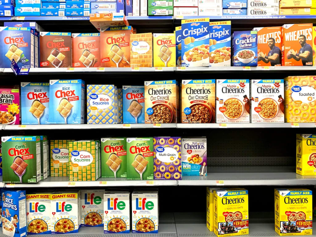 Colorful cereal packaging in supermarket aisles illustrating food industry marketing strategies targeting children. Photo by Franki Chamaki. Colorful cereal packaging in supermarket aisles illustrating food industry marketing strategies targeting children. Photo by Franki Chamaki.
