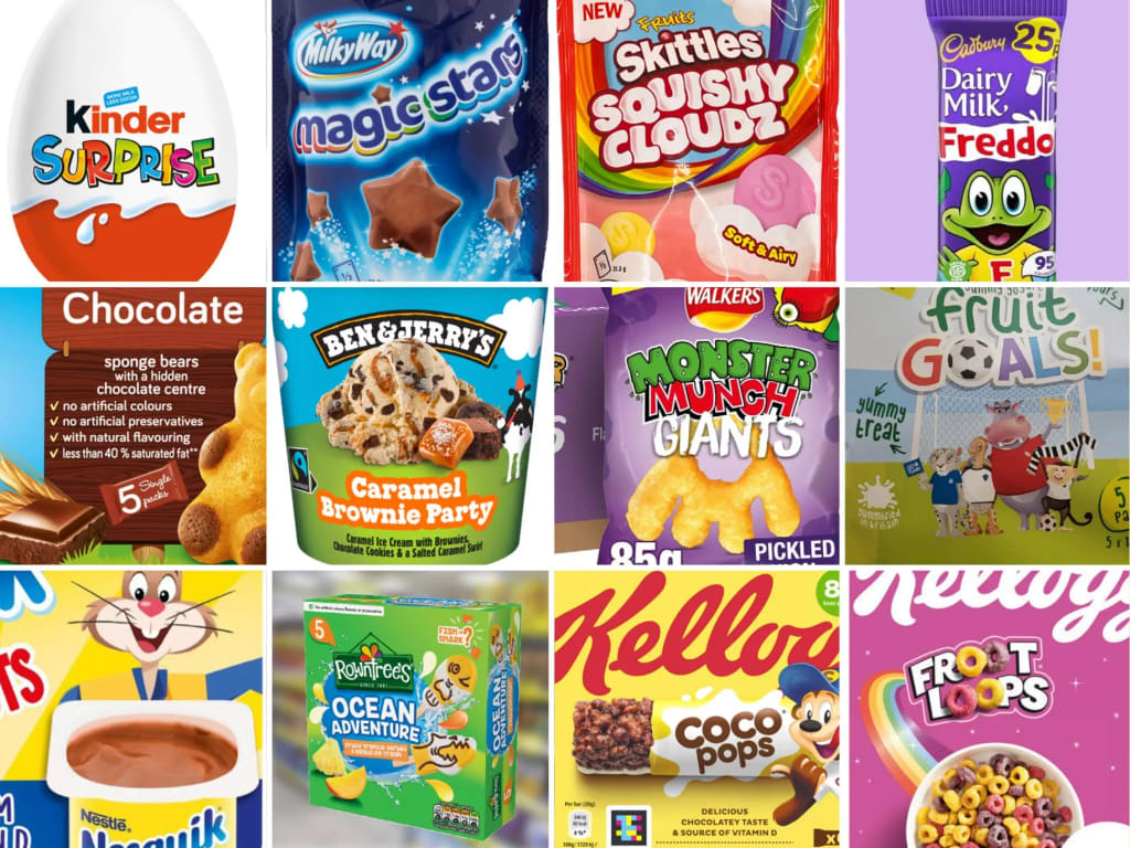 Colorful packaged snacks and cereals marketed to children, illustrating ultra-processed foods linked to childhood obesity. Photo by Bite Back. Colorful packaged snacks and cereals marketed to children, illustrating ultra-processed foods linked to childhood obesity. Photo by Bite Back.