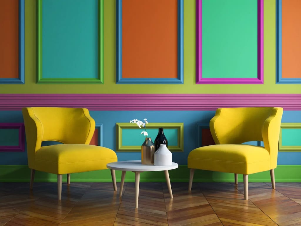 Vibrant colorful dopamine design interior, promoting emotional comfort and well-being. Vibrant colorful dopamine design interior, promoting emotional comfort and well-being.