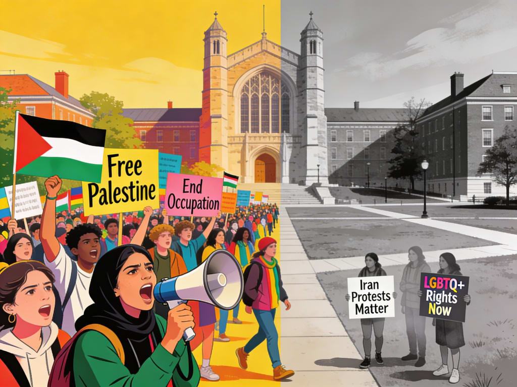 AI generation, illustrating the stark contrast between massive Western protests for some causes versus near-silence on Iran's human rights abuses. AI generation, illustrating the stark contrast between massive Western protests for some causes versus near-silence on Iran's human rights abuses.