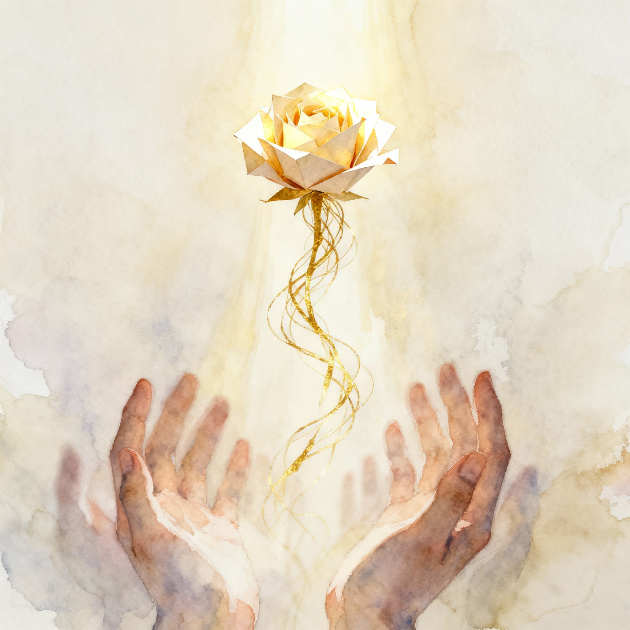Peace transcendent: A luminous paper rose floats suspended in gentle golden light, supported by blurred hands below representing community and continuity. This final image in the series symbolises the novel's resolution, that breaking generational cycles creates not erasure of the past, but transformation of pain into wisdom, isolation into belonging, and despair into possibility. Peace transcendent: A luminous paper rose floats suspended in gentle golden light, supported by blurred hands below representing community and continuity. This final image in the series symbolises the novel's resolution, that breaking generational cycles creates not erasure of the past, but transformation of pain into wisdom, isolation into belonging, and despair into possibility.