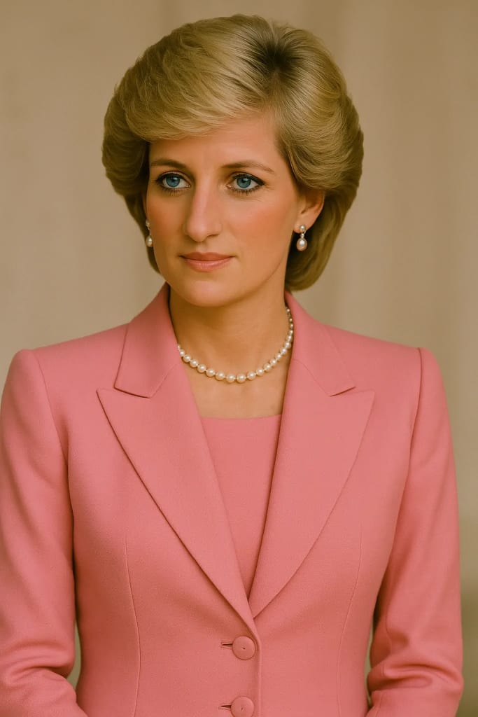 Princess Diana wearing a stylish pink skirt suit, exemplifying her role as a 1980s and 1990s fashion icon. Princess Diana wearing a stylish pink skirt suit, exemplifying her role as a 1980s and 1990s fashion icon.