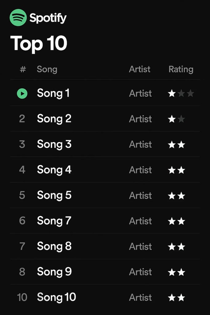 Spotify Top 10 interface showing current chart problems. Spotify Top 10 interface showing current chart problems.
