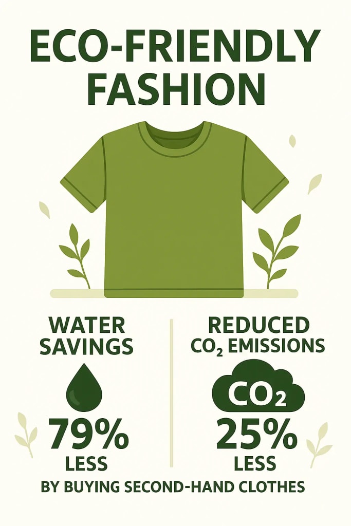 Infographic comparing environmental impact of new versus second-hand garments. Infographic comparing environmental impact of new versus second-hand garments.