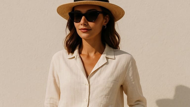 Summer fashion tips: chic summer outfit featuring breathable fabrics and sun protection accessories.