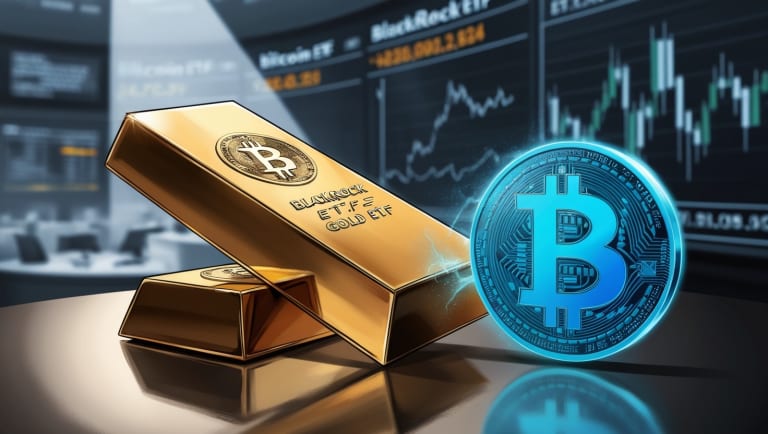 A dramatic illustration of the financial world, featuring two contrasting entities: BlackRock's Bitcoin ETF and its Gold ETF. BlackRock’s Bitcoin ETF overtakes Gold ETF — which is almost 20 years old