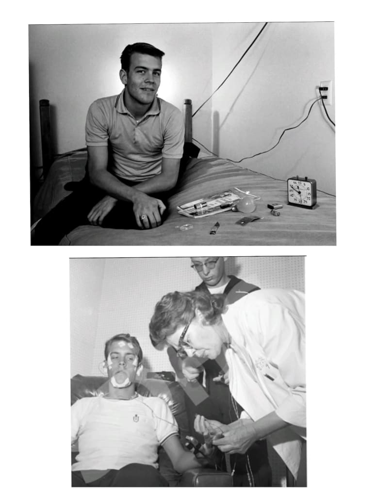 Photographs depict Randy Gardner's 1963 sleep deprivation experiment, showing the experimental setup and medical monitoring during his 11-day record attempt. Public domain. Photographs depict Randy Gardner's 1963 sleep deprivation experiment, showing the experimental setup and medical monitoring during his 11-day record attempt. Public domain.