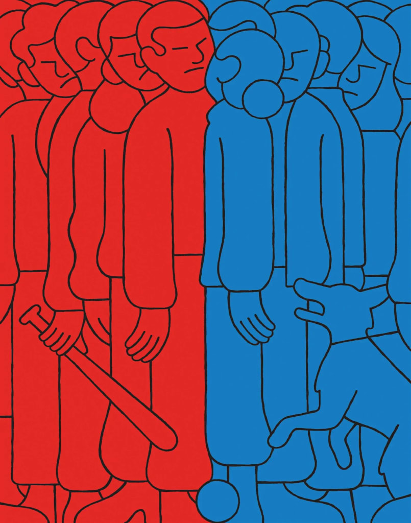 Abstract illustration of societal polarization depicting two opposing groups in red and blue, symbolizing conflict and division. Illustration by Lennard Kok. Abstract illustration of societal polarization depicting two opposing groups in red and blue, symbolizing conflict and division. Illustration by Lennard Kok.