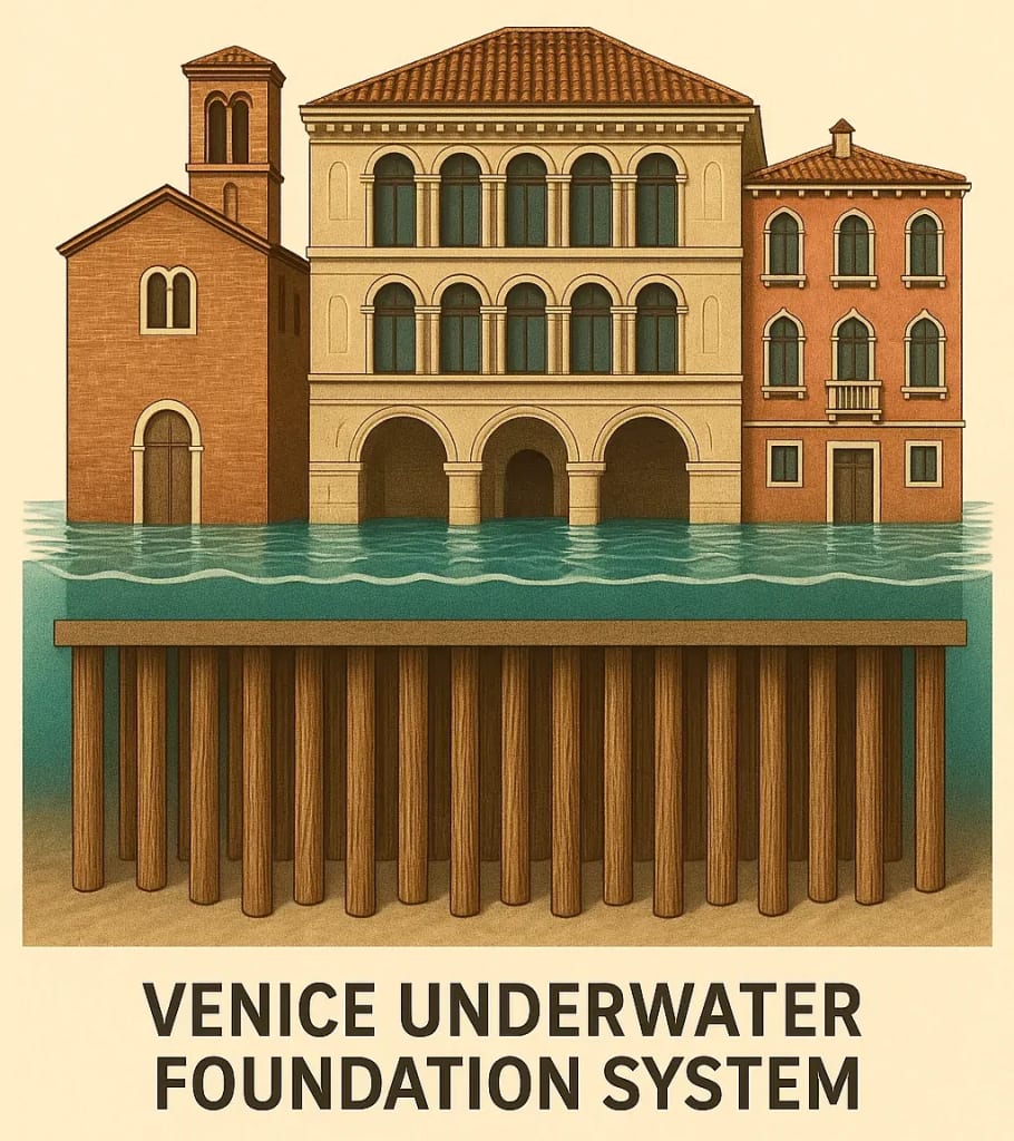 Venice's ingenious foundation system of wooden piles beneath the lagoon. Venice's ingenious foundation system of wooden piles beneath the lagoon.