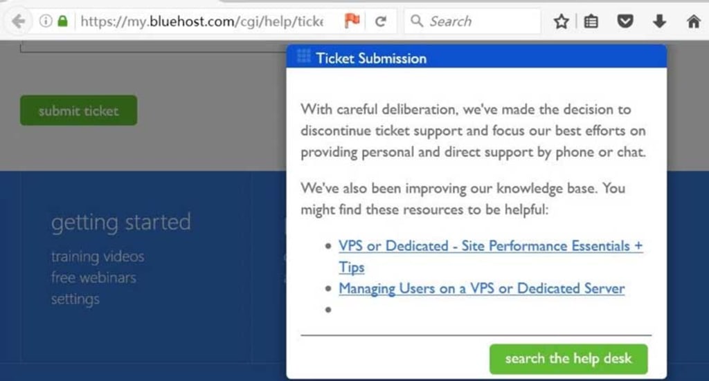 Bluehost ticket support ended.