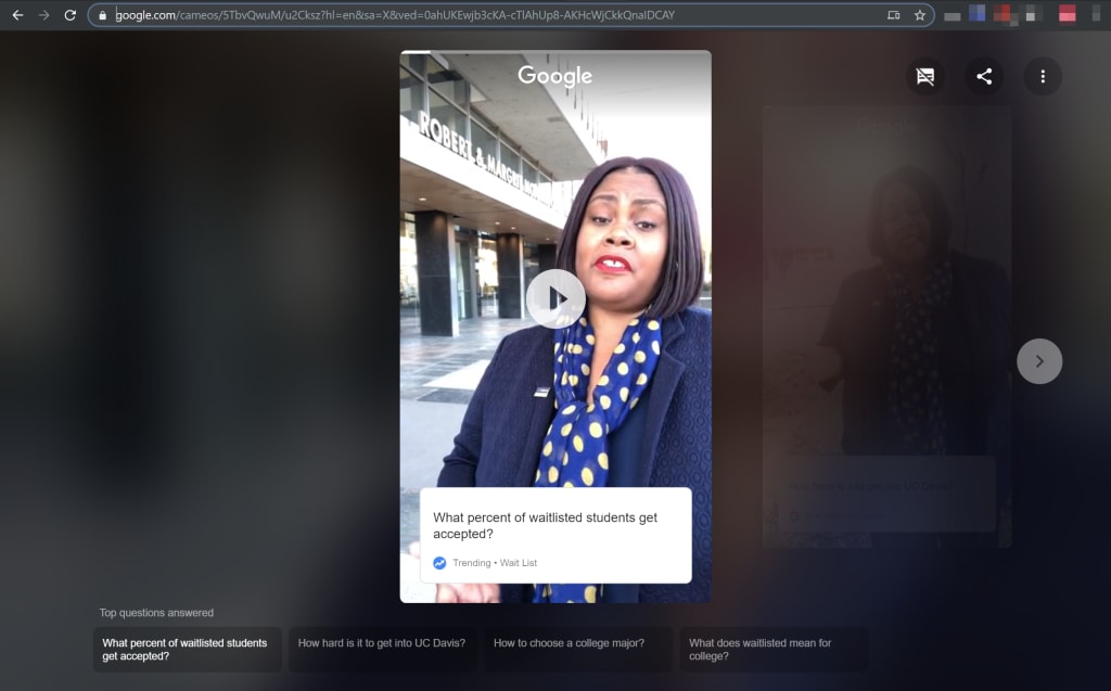 Screenshot showing the the videos from the knowledge graph after being clicked. Note the URL is referencing cameos.