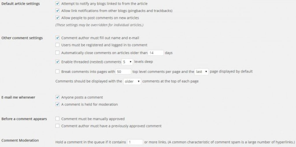 WordPress moderation settings for comment spam.