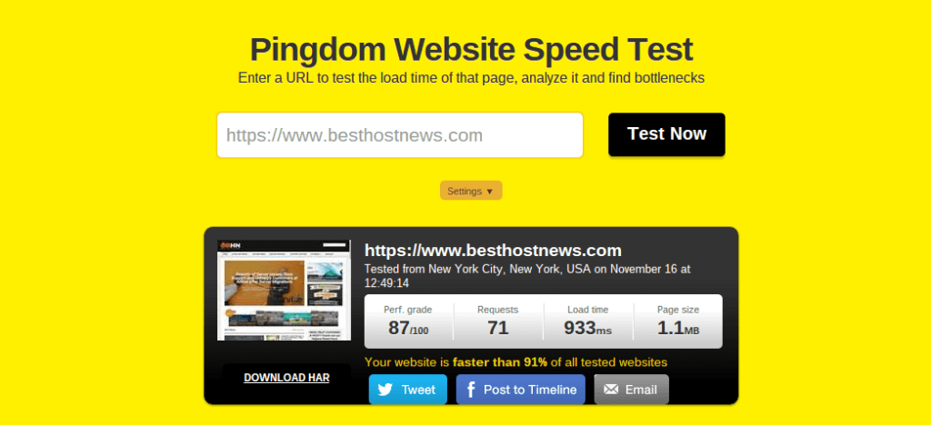 Website speed test at Pingdom.