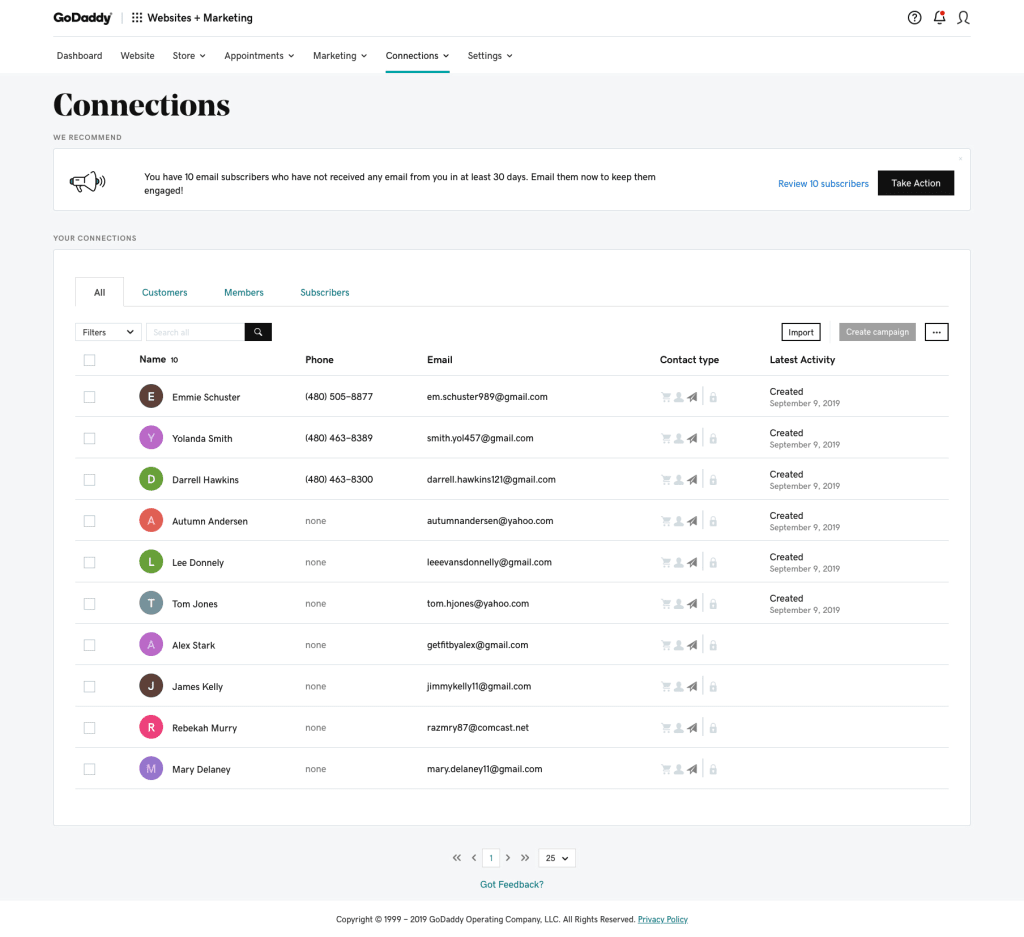 GoDaddy Websites and Marketing Connections.