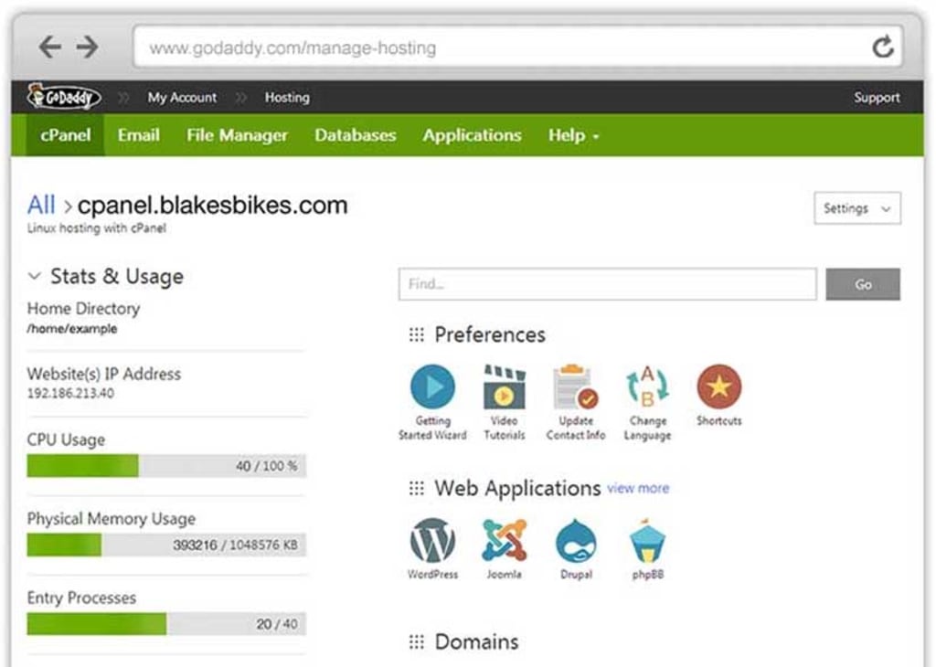 GoDaddy cPanel hosting interface.