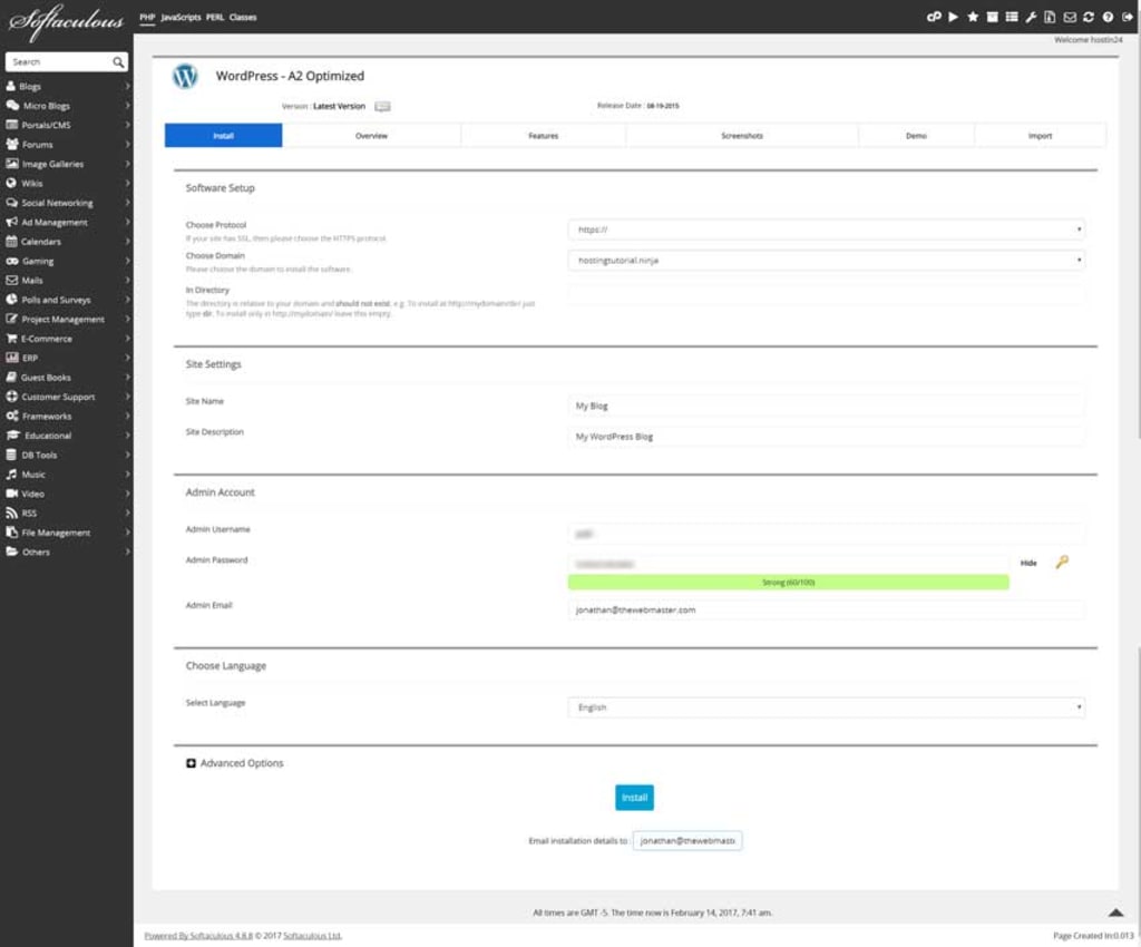 WordPress installation settings.