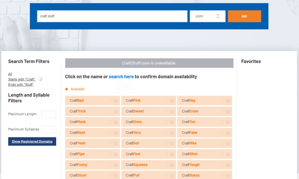 NameBounce Example Search for 'Craft'.