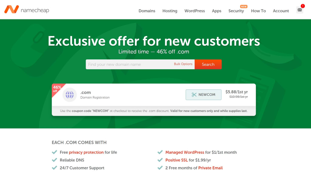 Discounted .com domain for new Namecheap customers.