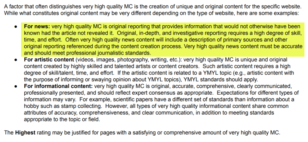 Quality Raters Guidelines - Focus on Original Content.