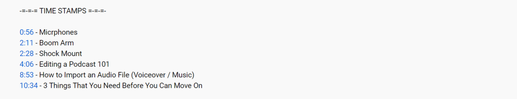 Timestamp information in YouTube Description.