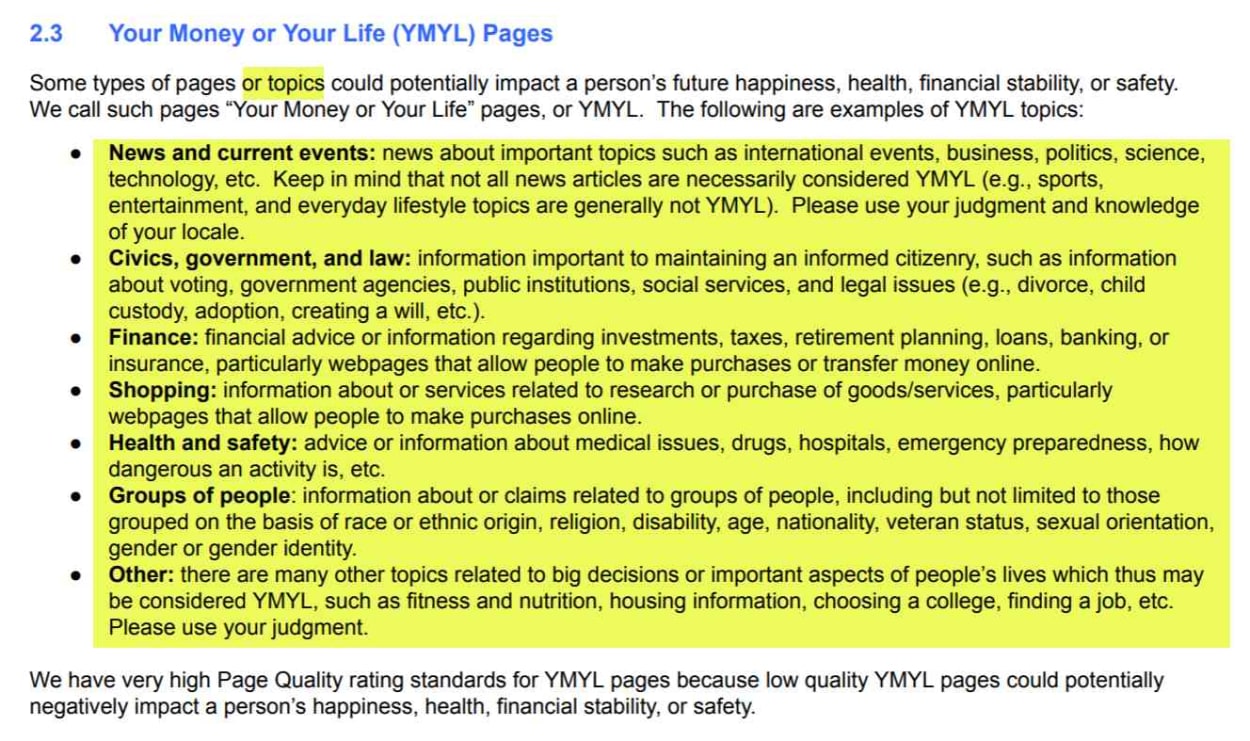Google Raters Guidelines - YMYL definition.