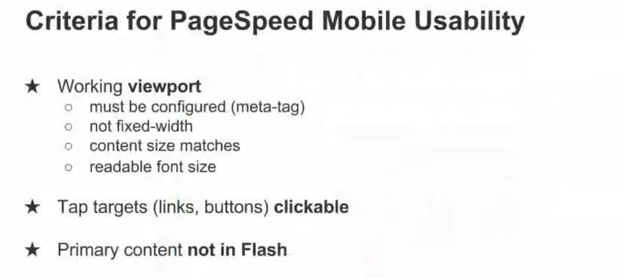 Criteria for pagespeed mobile usability.