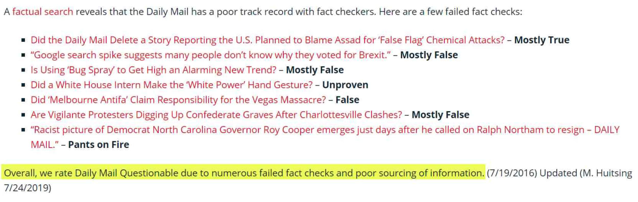 Daily Mail has been designated as a Questionable Source.