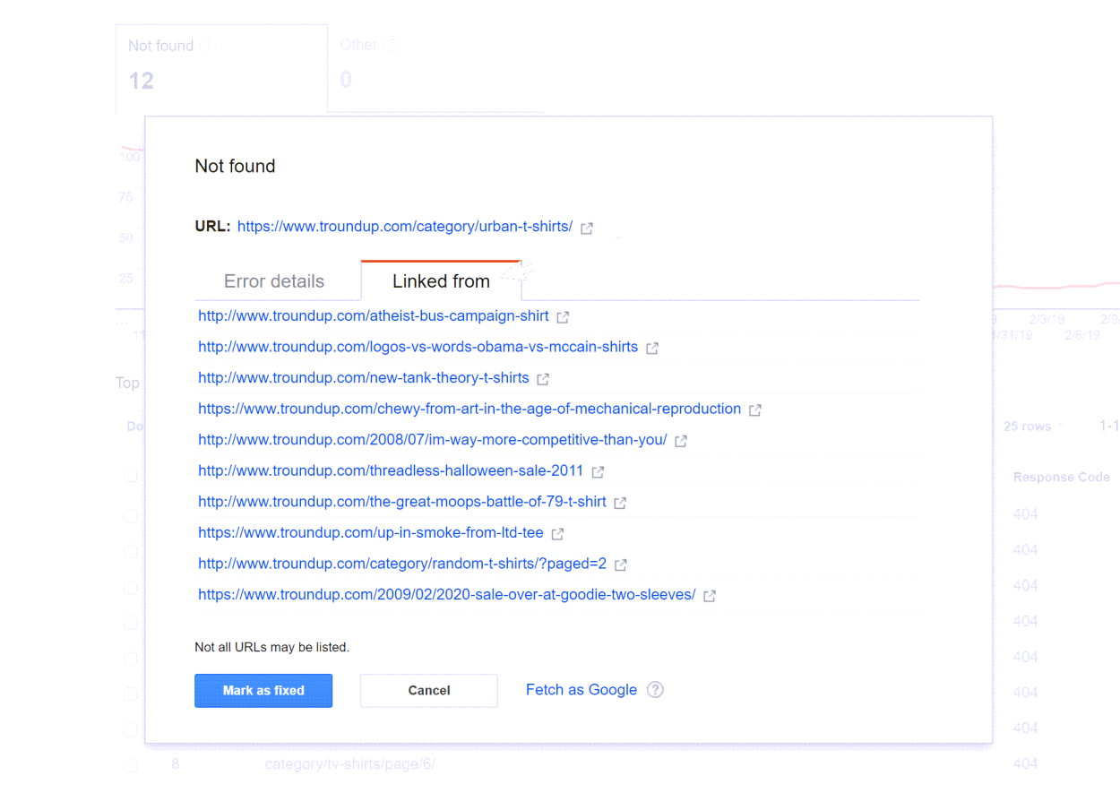 Legacy Crawl Error Report showing 404 sources.