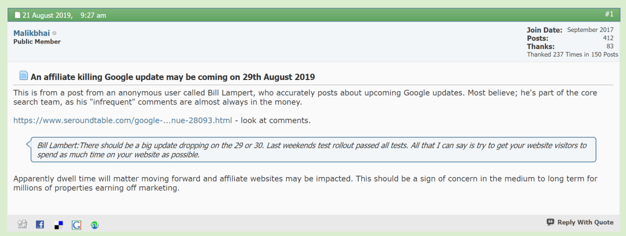 Google Update was predicted several weeks prior with dwell time targeted.