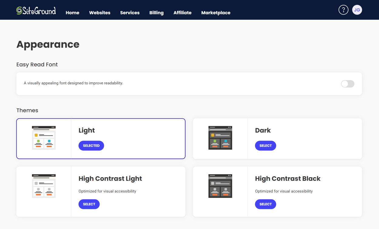 SiteGround Client area: Account Management Appearance