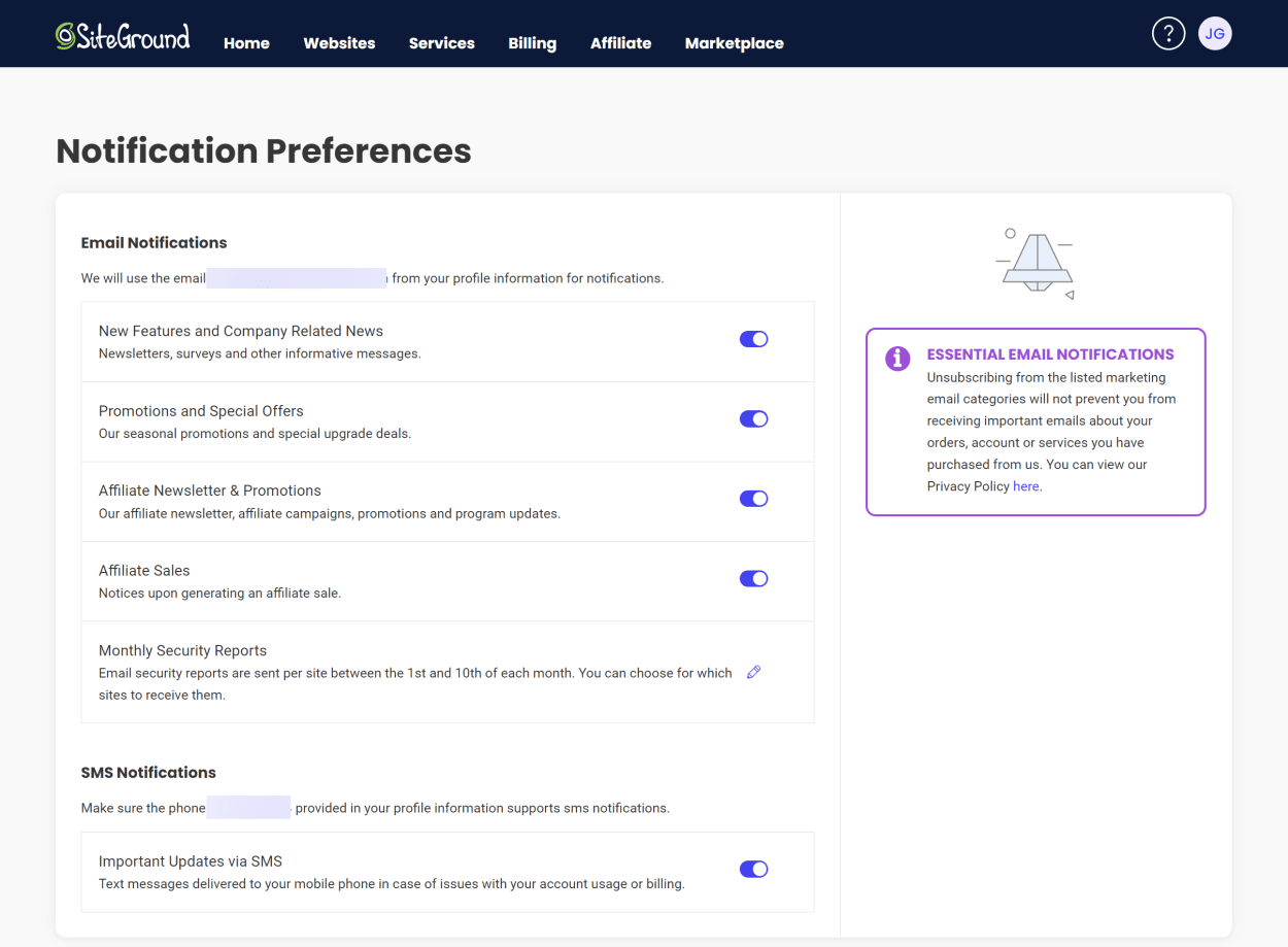 SiteGround Client area: Account Management Notification Preferences