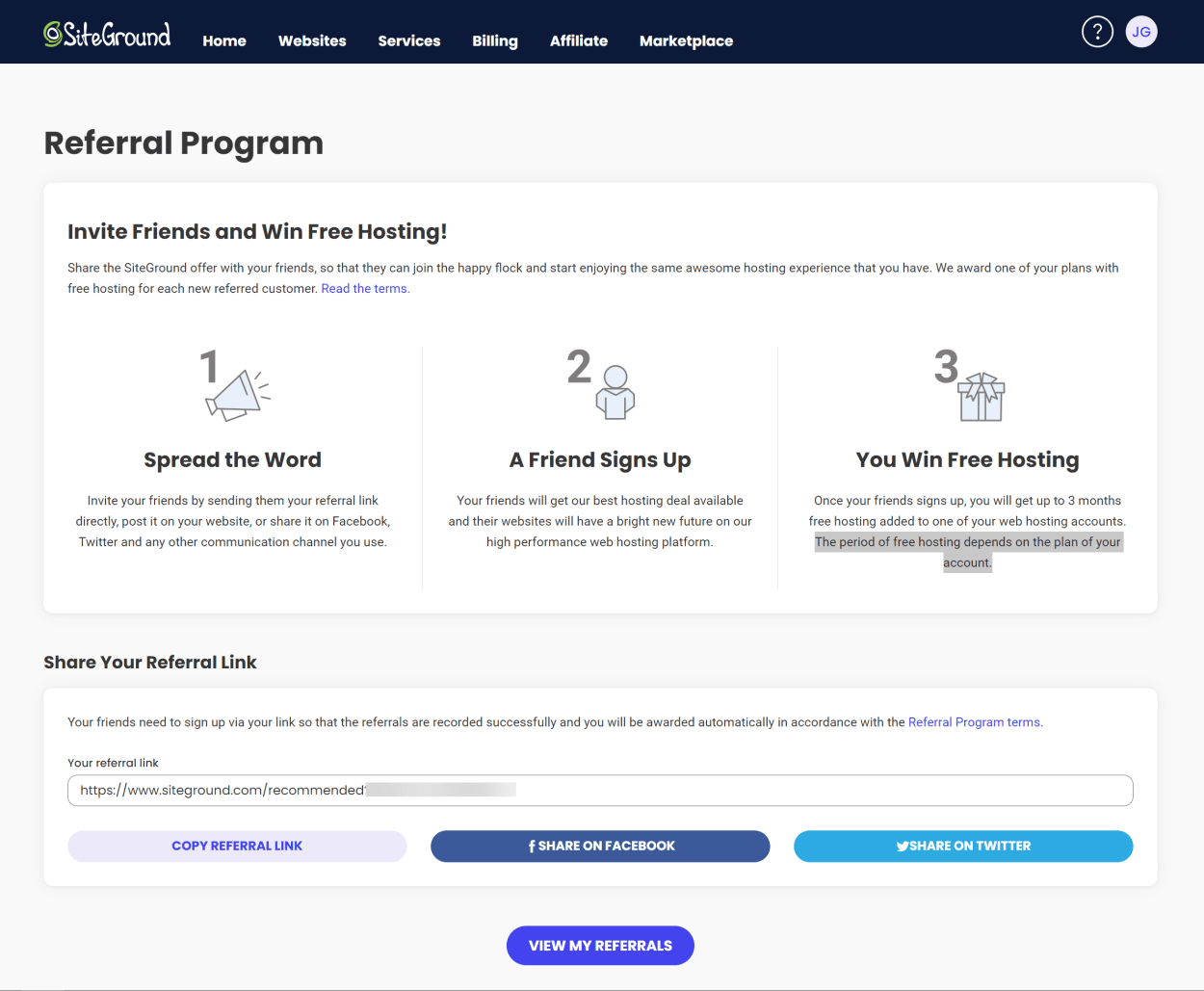 SiteGround Client area: Account Management Referrals