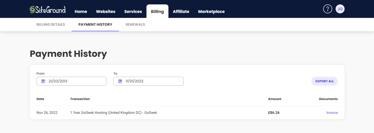 SiteGround Client area: Payment History
