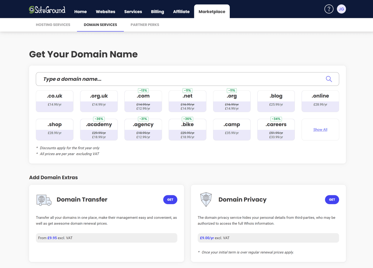 SiteGround Client area: Marketplace Domain Services