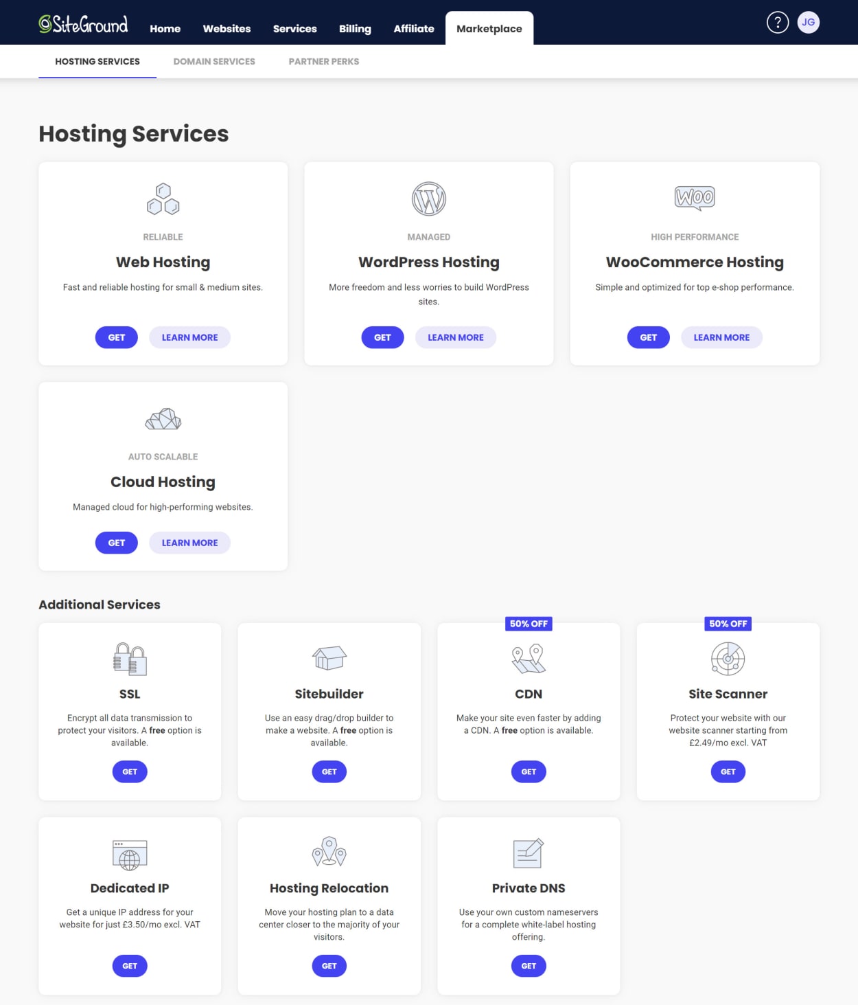 SiteGround Client area: Marketplace Hosting Services